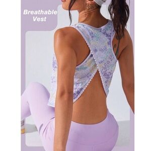 Floral Boho Criss Cross Open Back Mesh Dry Wick Tank Top